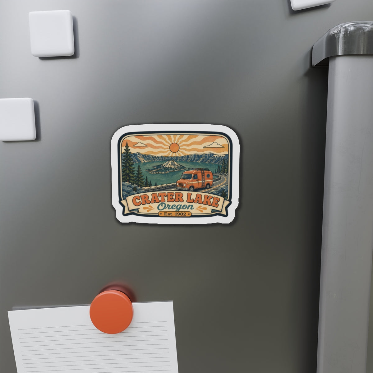 Crater Lake Oregon magnet on gray fridge door, die-cut camper van and Crater Lake text