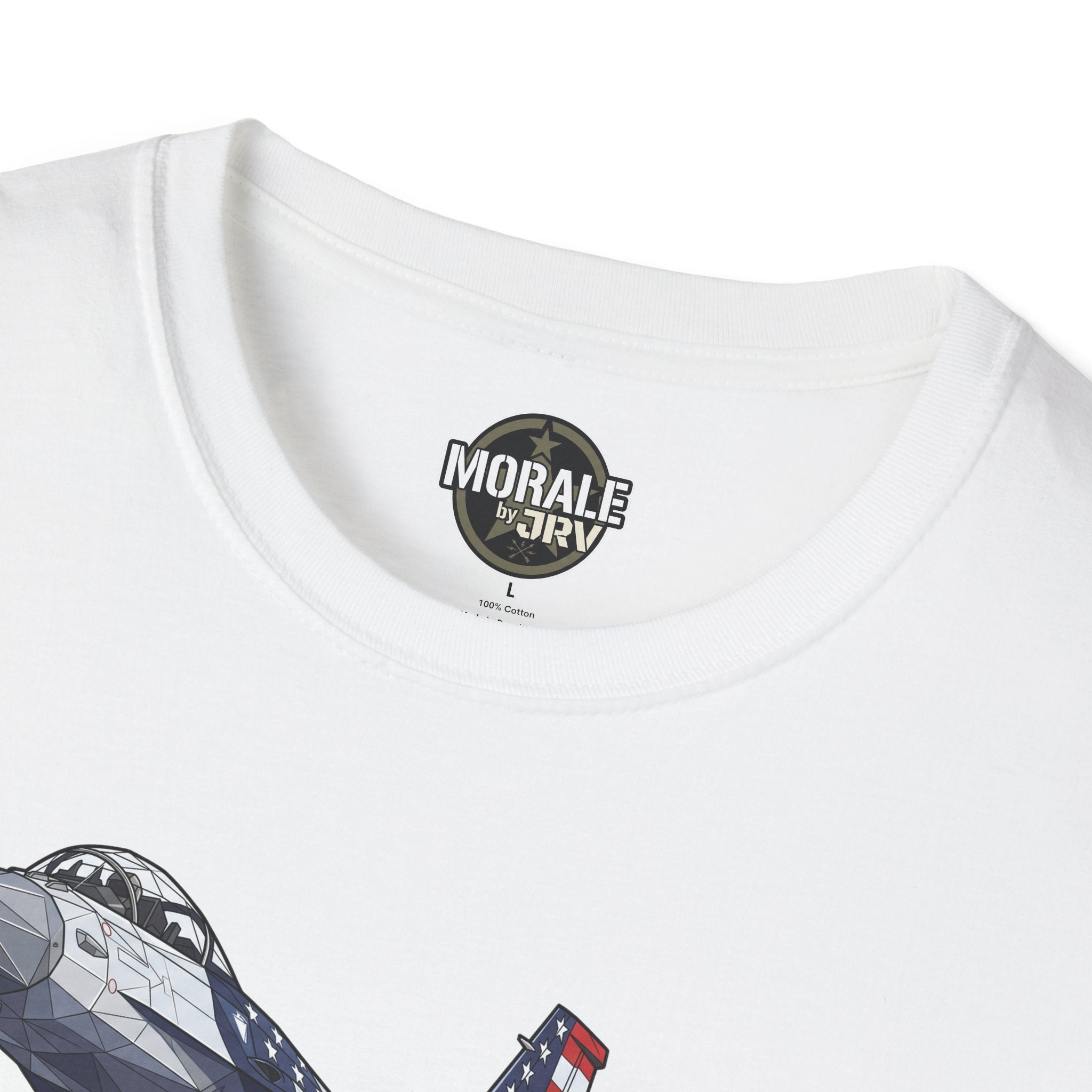 F-16 T-shirt neckline close-up with logo on white shirt
