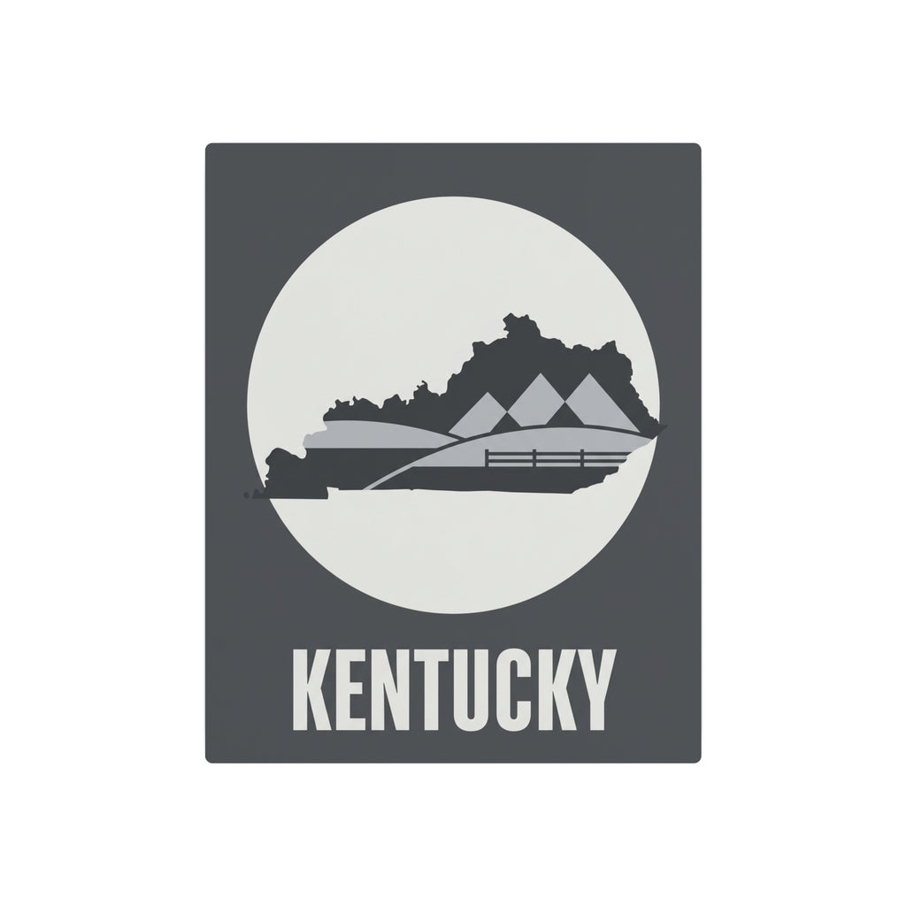 Metal wall art sign with moon circle design, Kentucky state silhouette, barn hills, KENTUCKY lettering