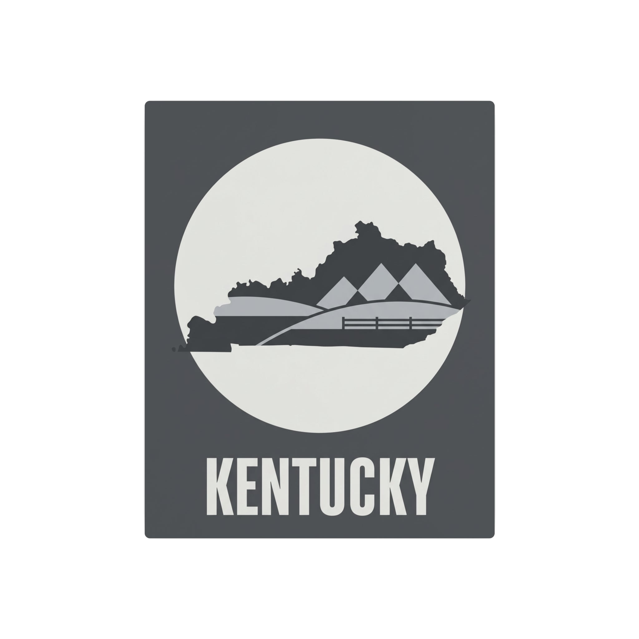 Metal wall art sign with moon circle design, Kentucky state silhouette, barn hills, KENTUCKY lettering