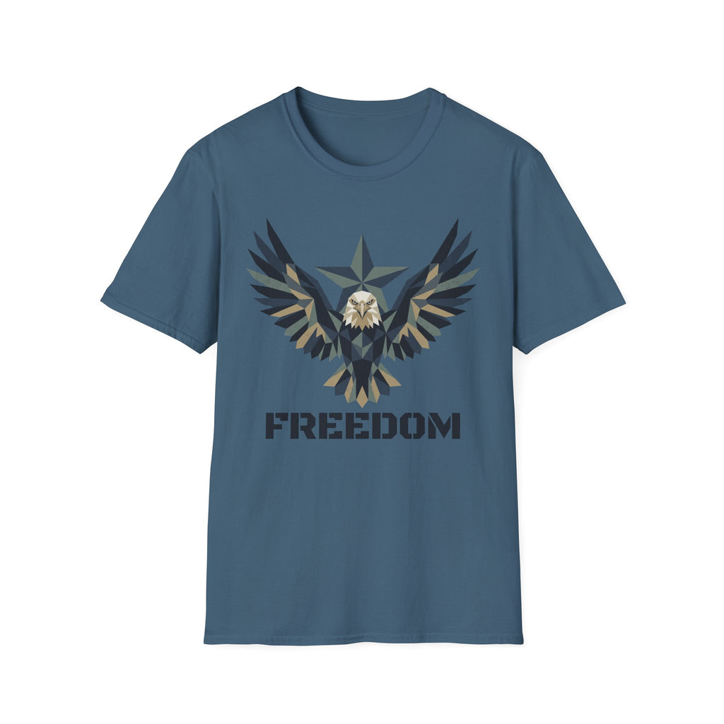 Blue eagle camo graphic T-shirt with winged emblem and “FREEDOM” text
