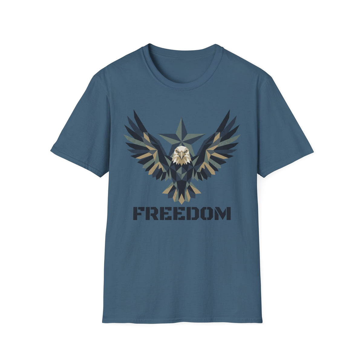 Blue eagle camo graphic T-shirt with winged emblem and “FREEDOM” text