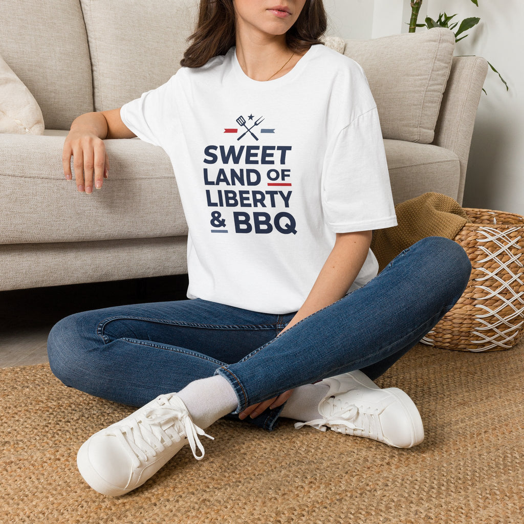White BBQ T-shirt on model, 'Sweet Land of Liberty & BBQ' front graphic