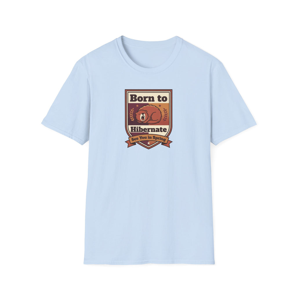 Light blue “Born to Hibernate” bear graphic T-shirt, front view