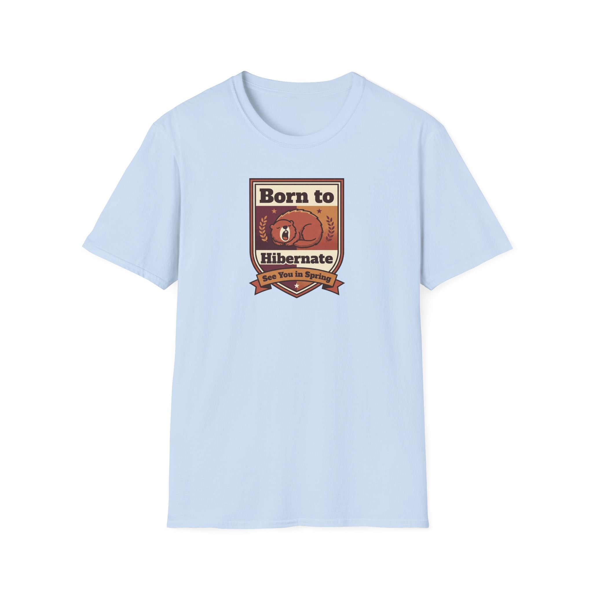 Light blue “Born to Hibernate” bear graphic T-shirt, front view