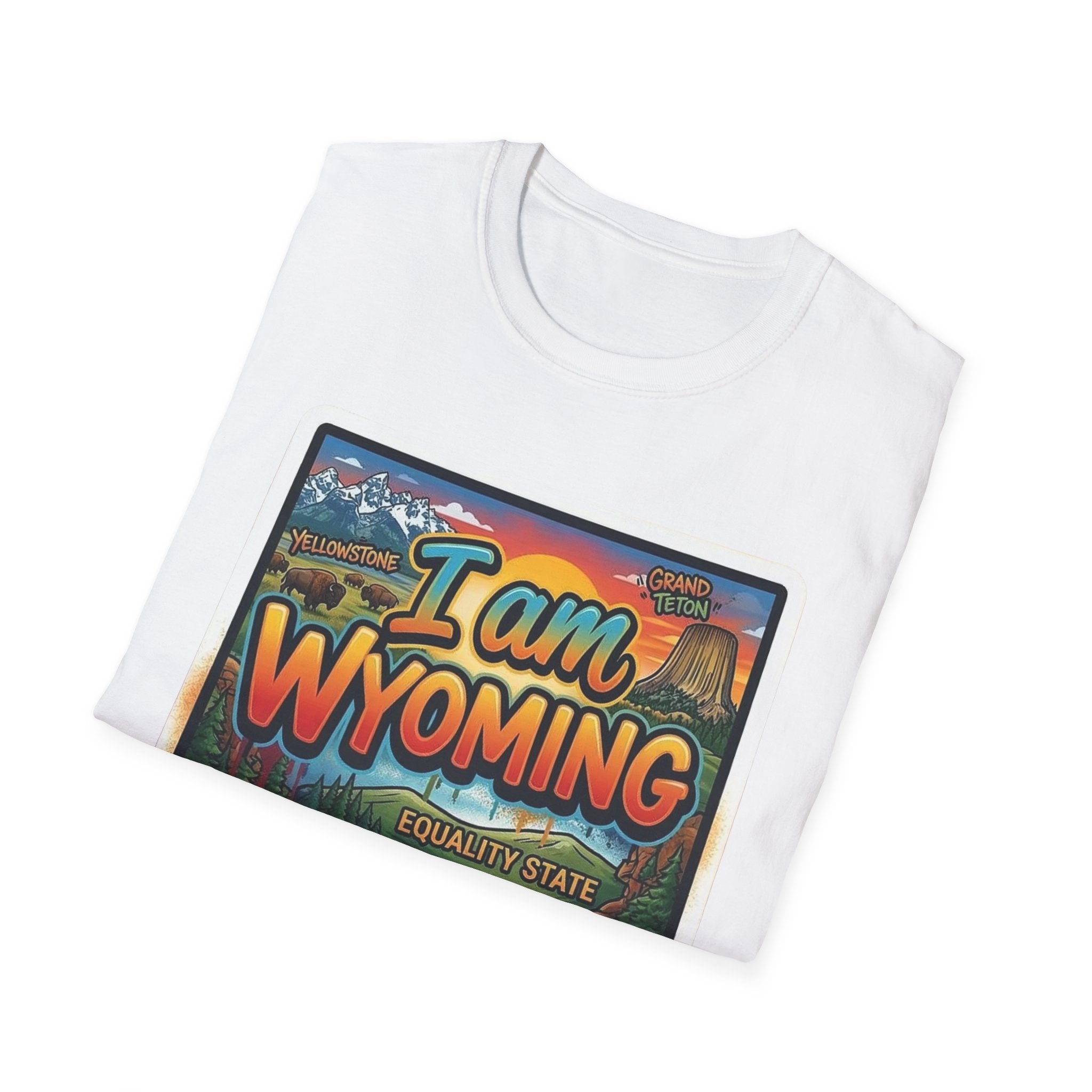 I Am Wyoming T-shirt, white with colorful drippy state pride postcard graphic