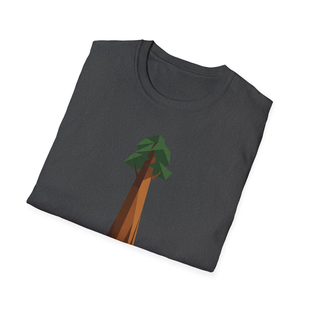 Geometric redwood tree graphic T-shirt in dark gray, front view with tree illustration