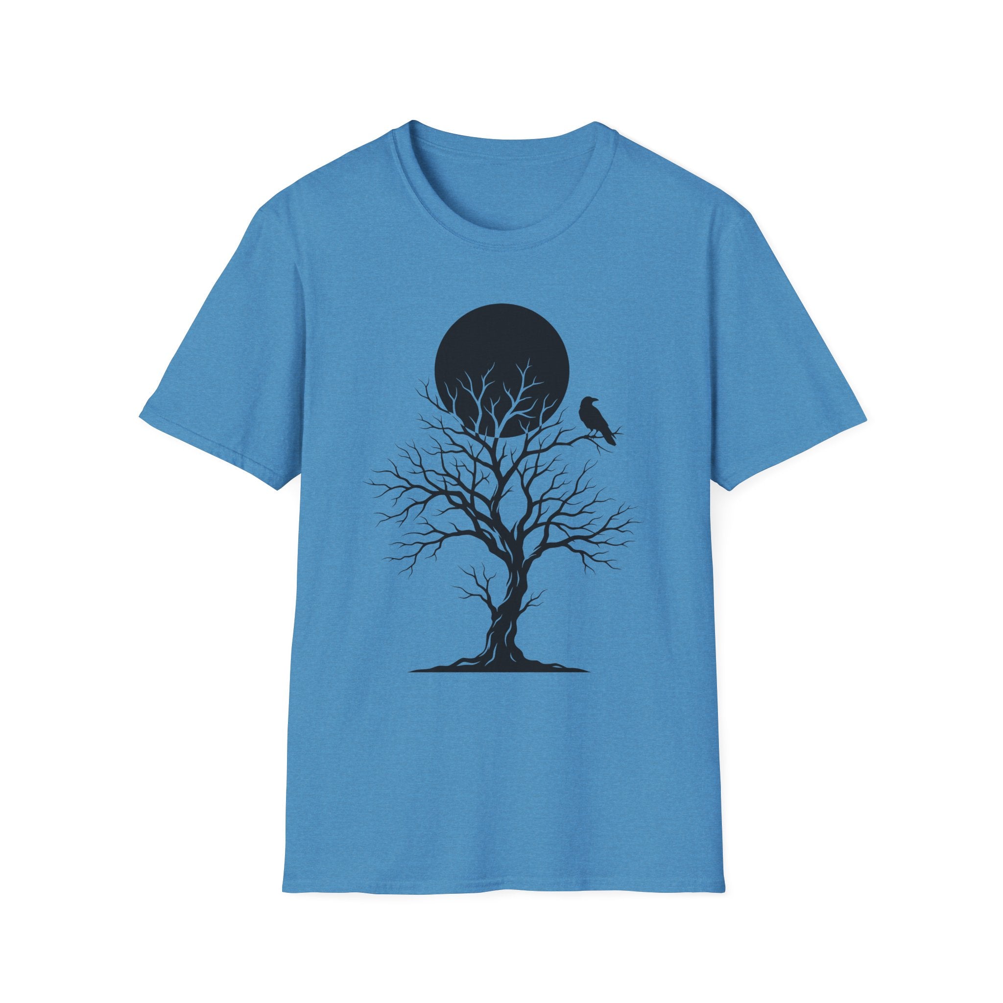 Heather blue Raven Moon T-shirt with black tree silhouette, bird, and moon circle print