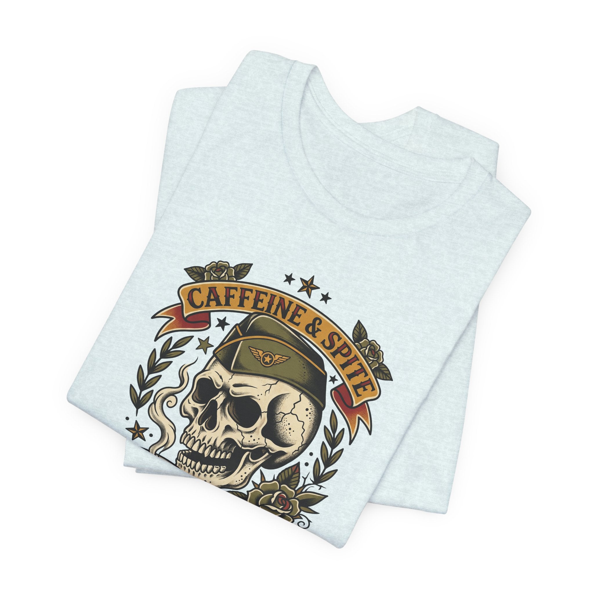 Light aqua T-shirt with skull, coffee cup, and “Caffeine & Spite” graphic