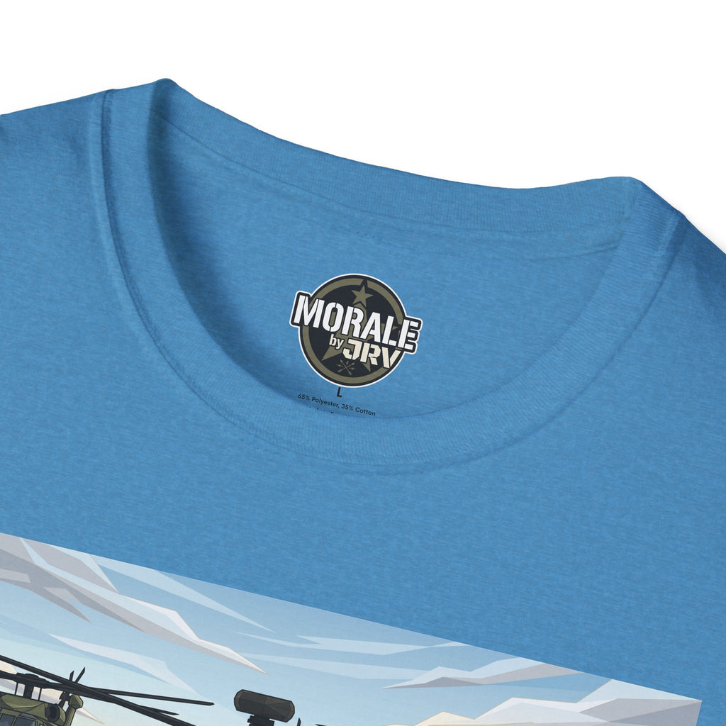 Light blue T-shirt neck logo, "MORALE by JRIV", with partial helicopter graphic