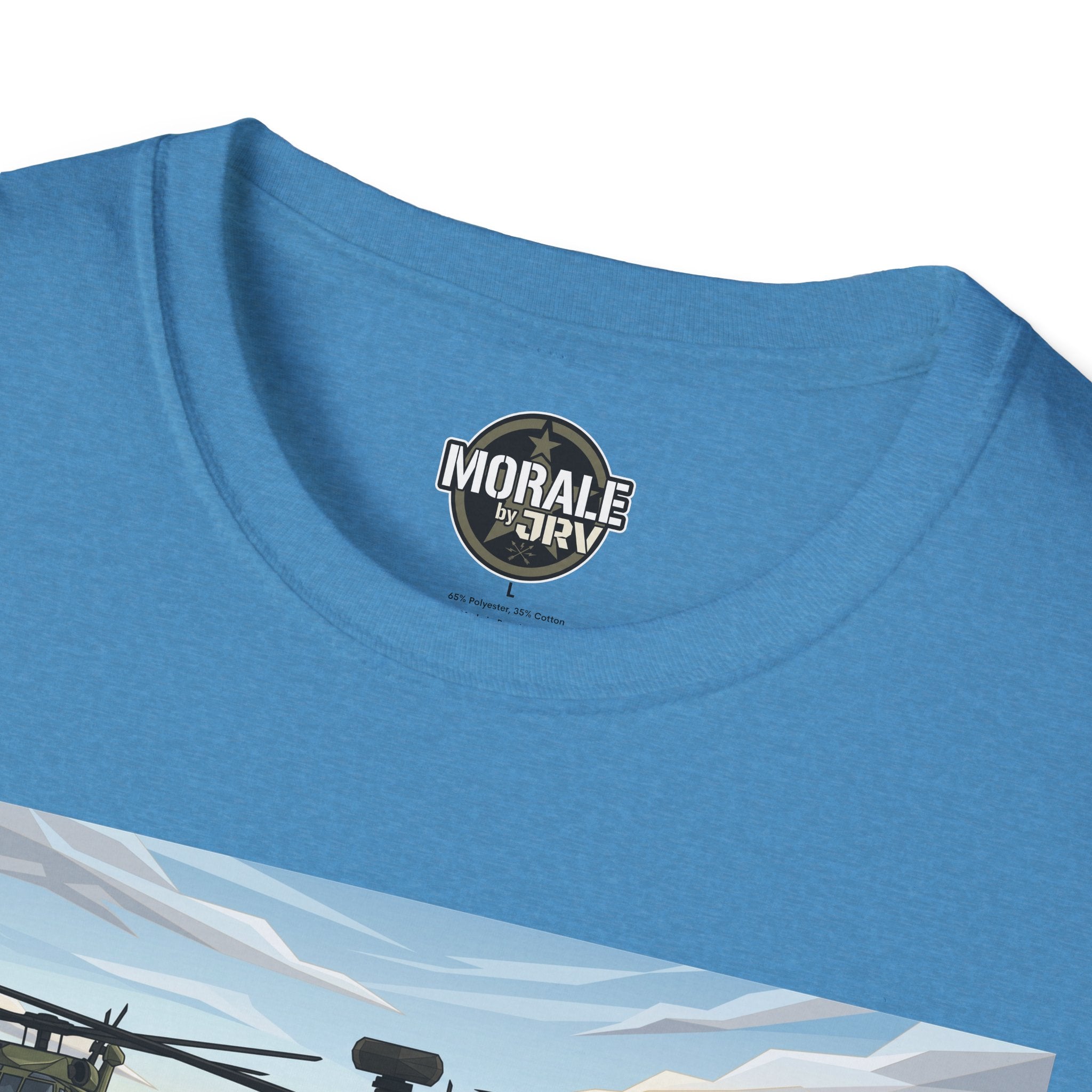Light blue T-shirt neck logo, "MORALE by JRIV", with partial helicopter graphic