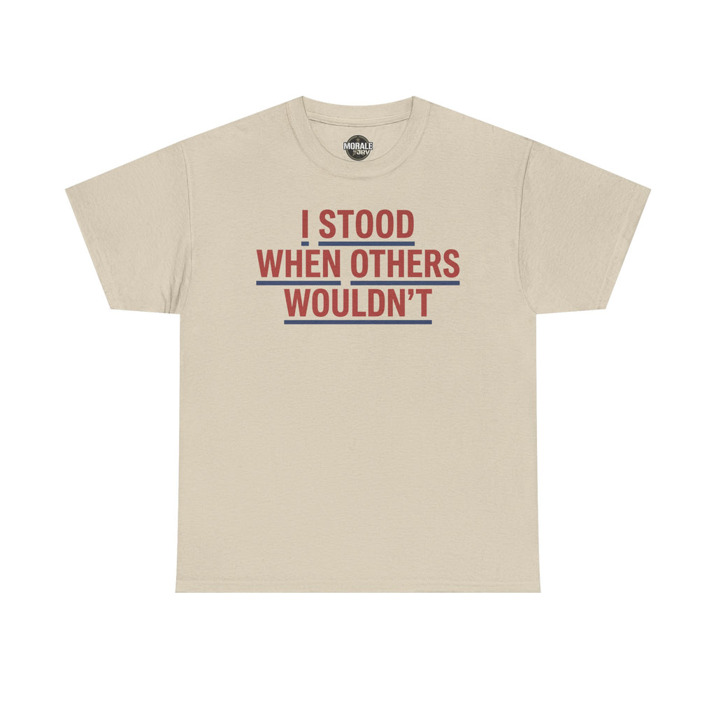 Beige T-shirt with red and gray slogan graphic, crew neck