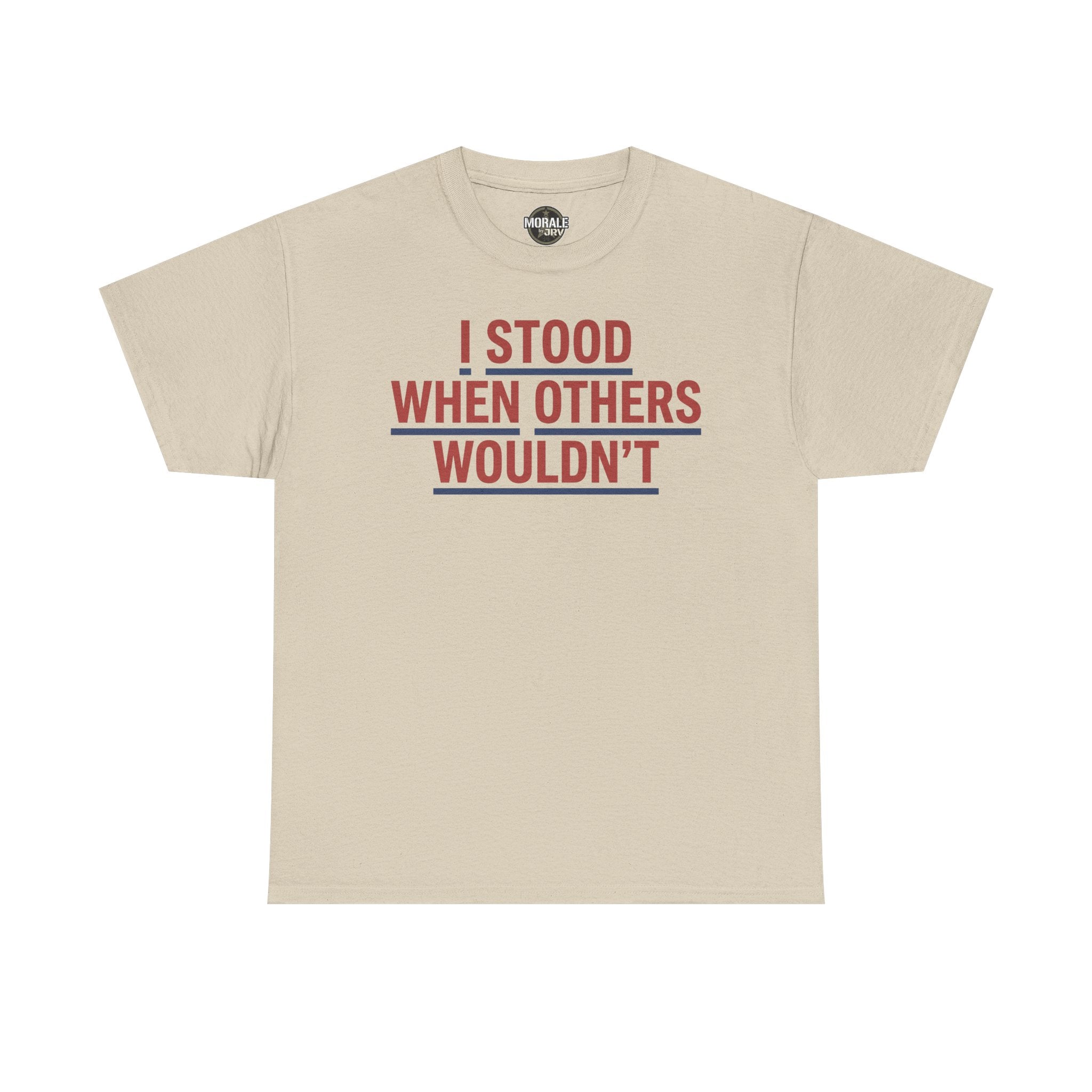 Beige T-shirt with red and gray slogan graphic, crew neck