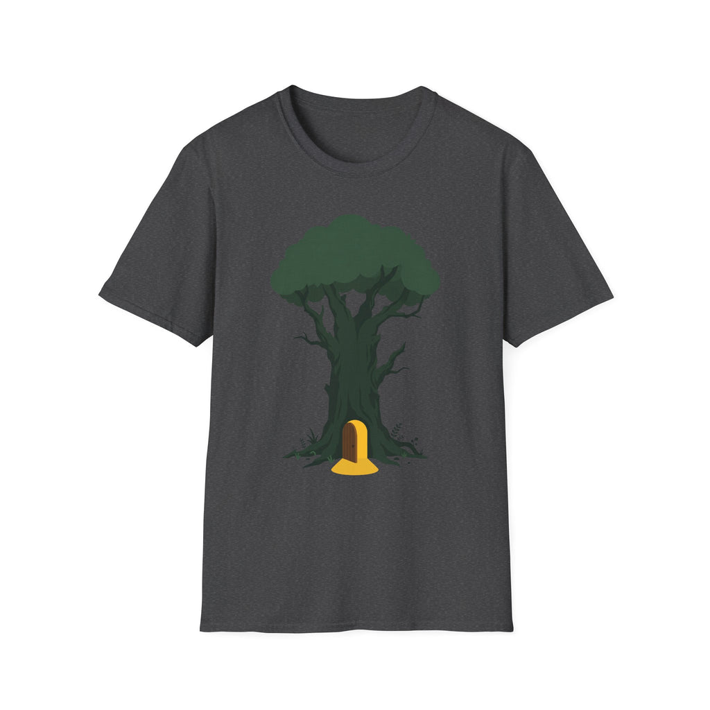 Dark heather T-shirt with enchanted tree and yellow door graphic