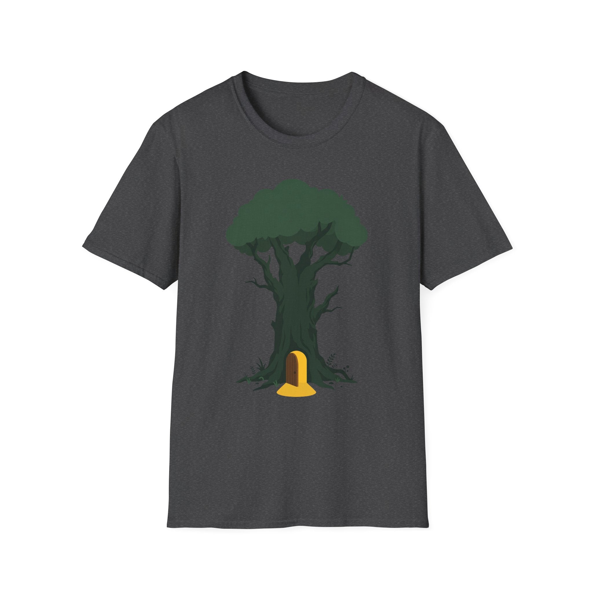 Dark heather T-shirt with enchanted tree and yellow door graphic