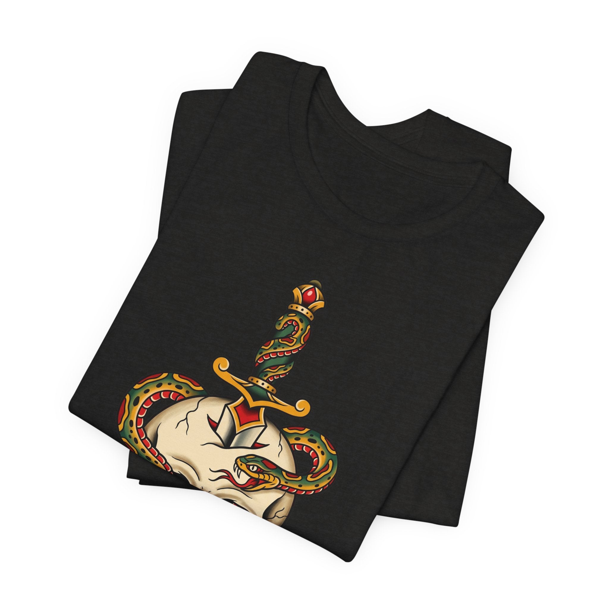 Black T-shirt folded, showing colorful snake skull dagger graphic on back