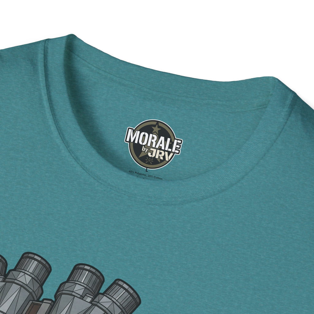 Teal T-shirt close-up of neck logo patch