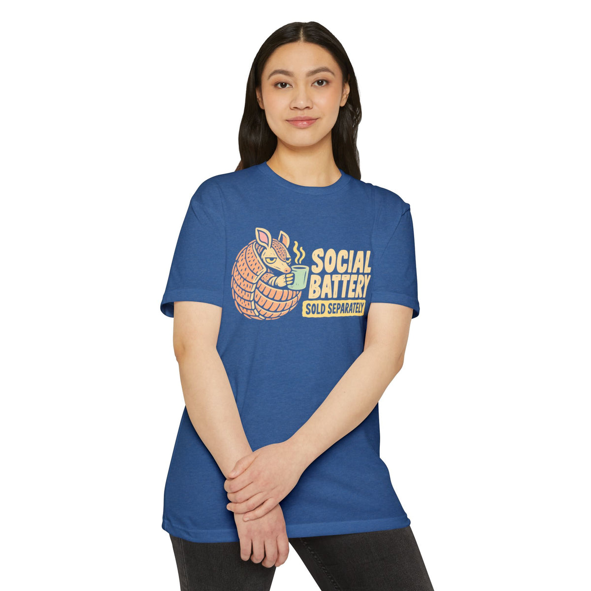Light blue crewneck T-shirt with orange armadillo graphic and 'SOCIAL BATTERY' text