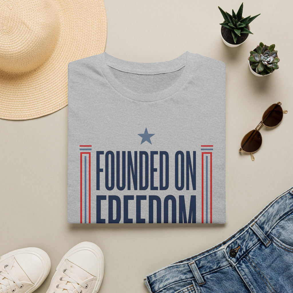 Sport grey graphic T-shirt with "Founded on Freedom" text and blue star