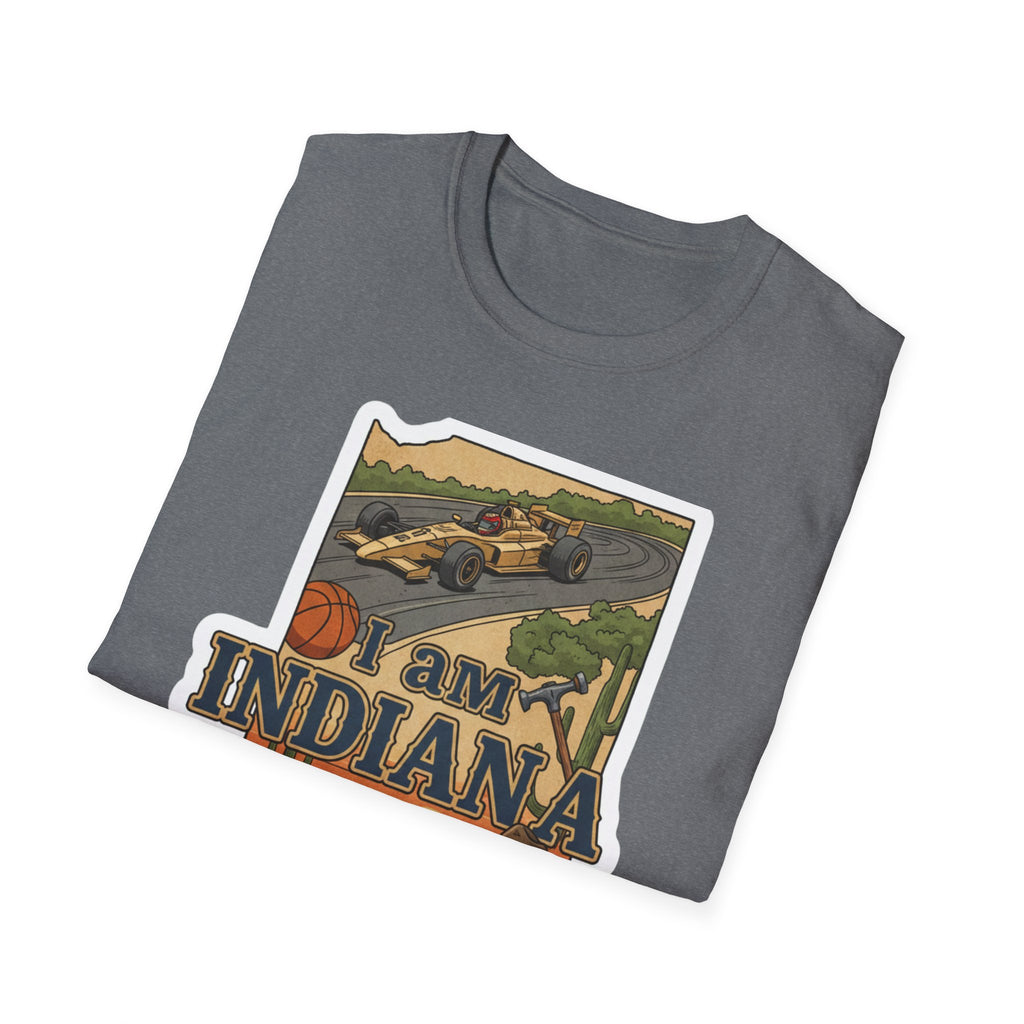 I am Indiana T-shirt, Military Green with Indiana outline, basketball and race car graphic