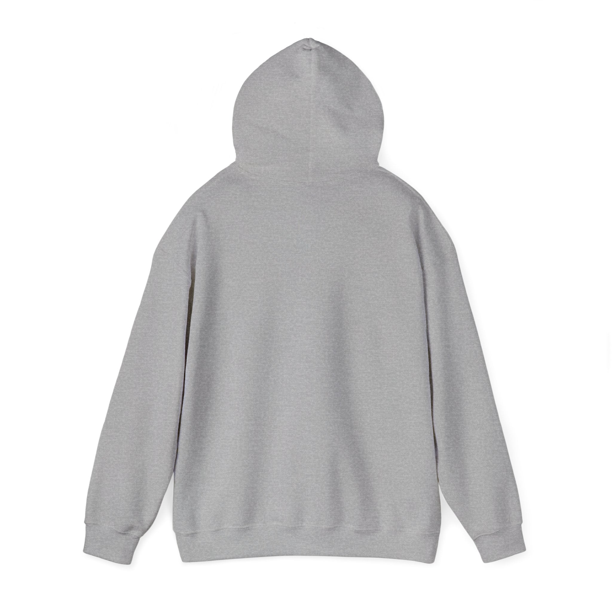 Light gray hoodie, back view with drawstring hood and long sleeves
