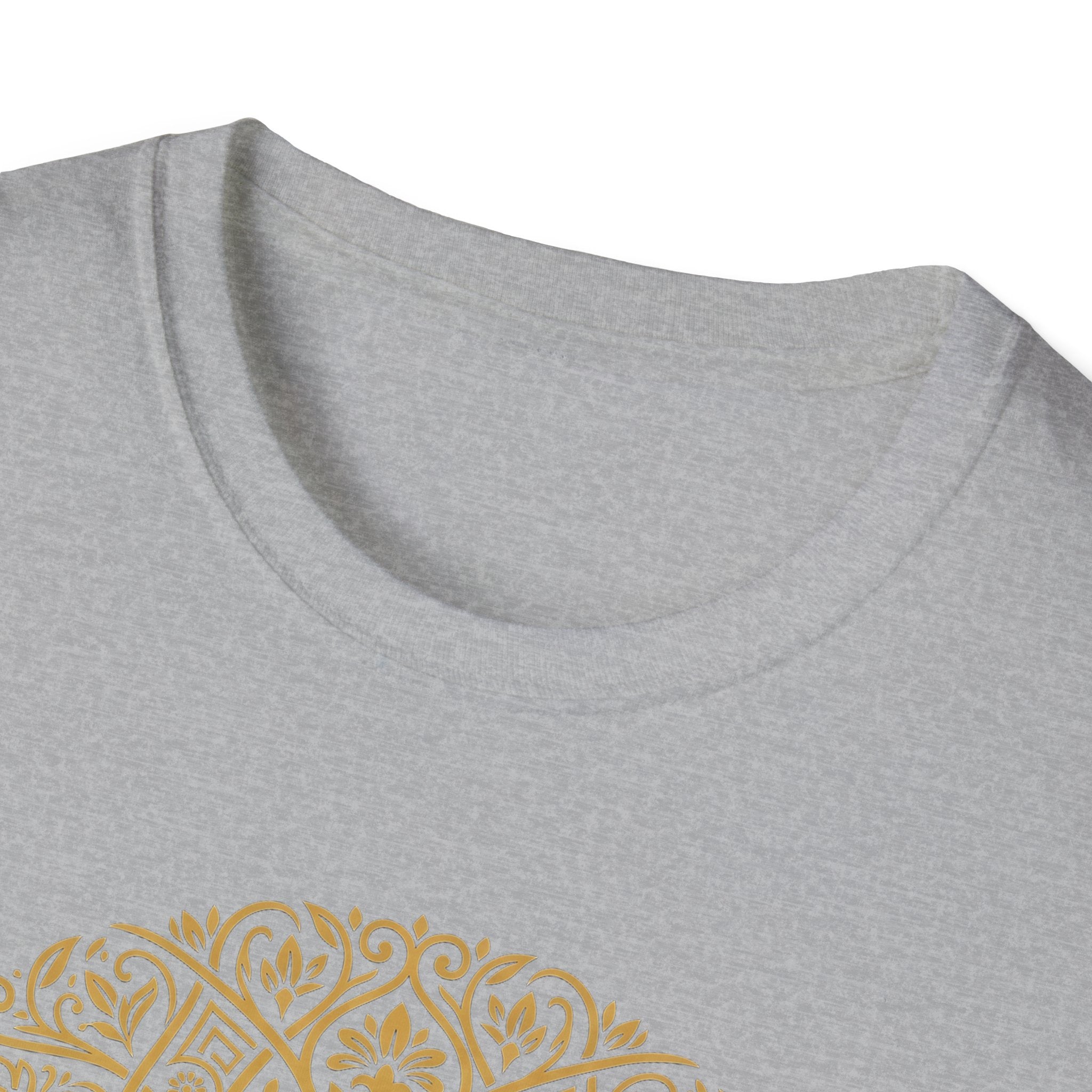 Sport grey Gold Tree of Life T-Shirt close-up of crew neck