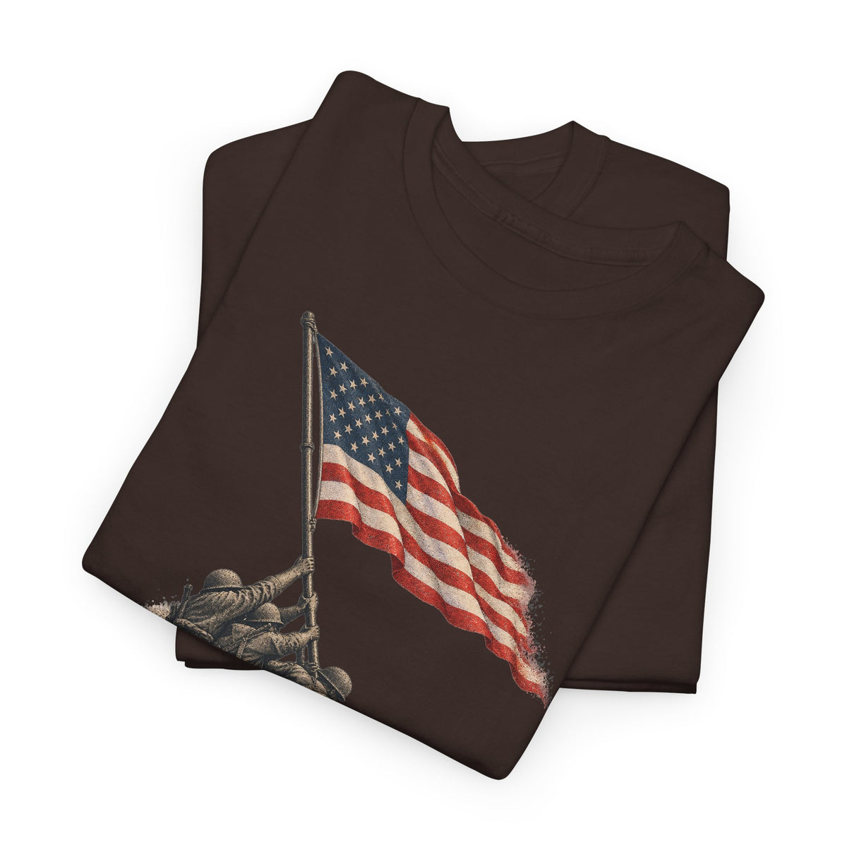 Brown crewneck T-shirt with flag-raising graphic front