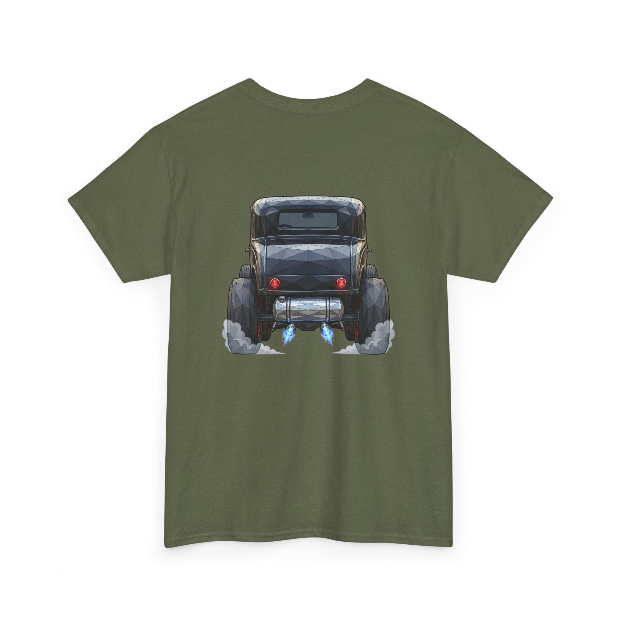 Dark green graphic T-shirt with vintage hot rod front and rear illustration