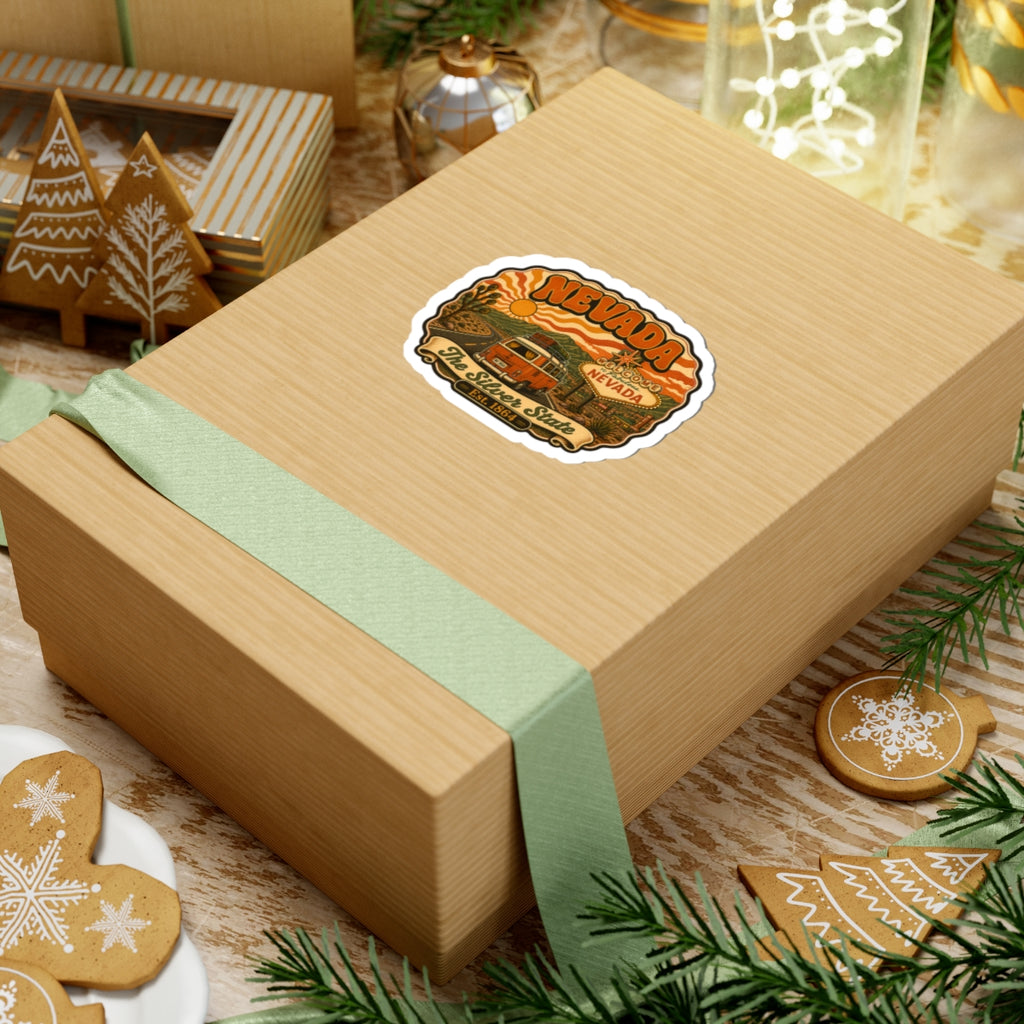 Nevada sticker on gift box top: retro van scene with "NEVADA" and "The Silver State"
