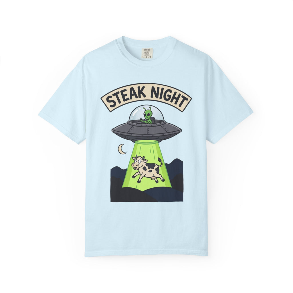 Light blue T-shirt with “Steak Night” alien and cow graphic