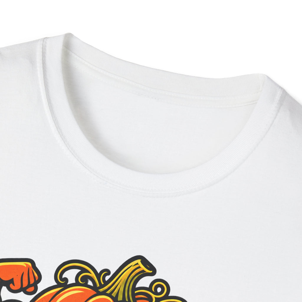 White Halloween gym t-shirt close-up of crew neck with partial pumpkin graphic