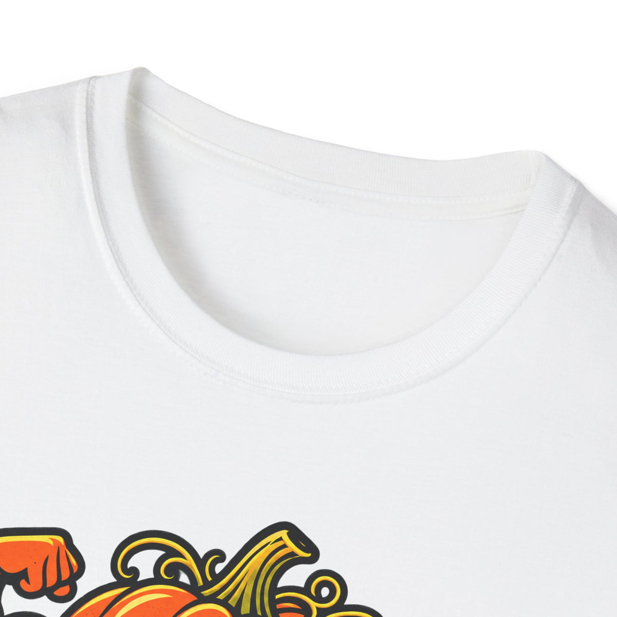White Halloween gym t-shirt close-up of crew neck with partial pumpkin graphic