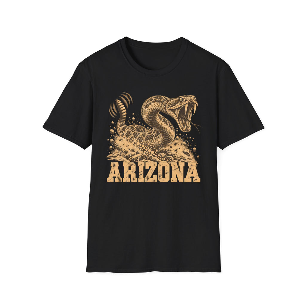 Men's black graphic T-shirt with coiled rattlesnake and 'ARIZONA' front print