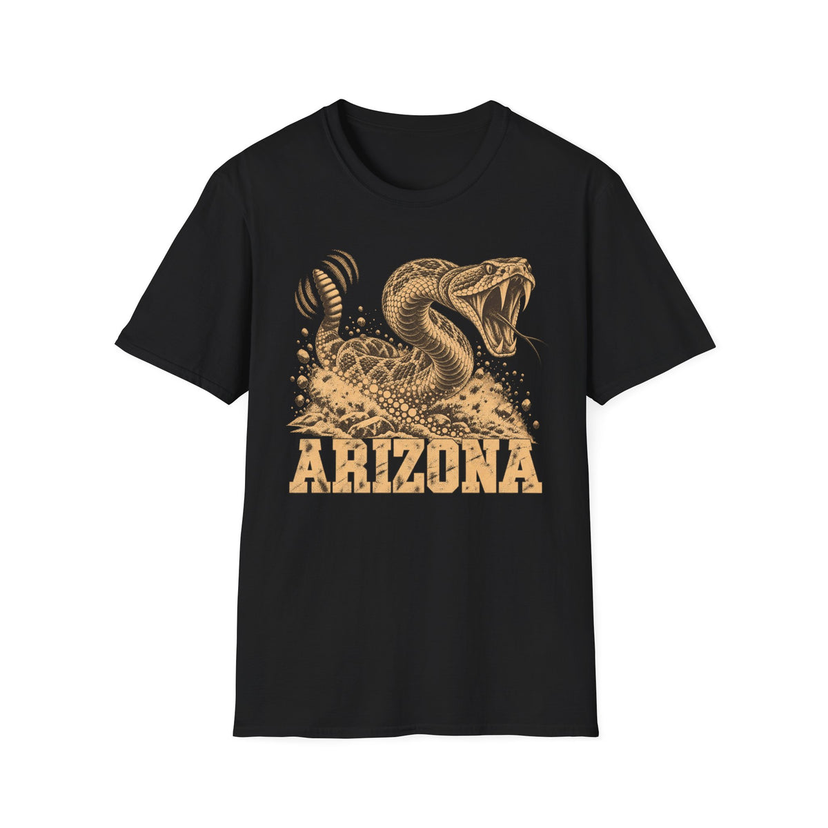 Men's black graphic T-shirt with coiled rattlesnake and 'ARIZONA' front print