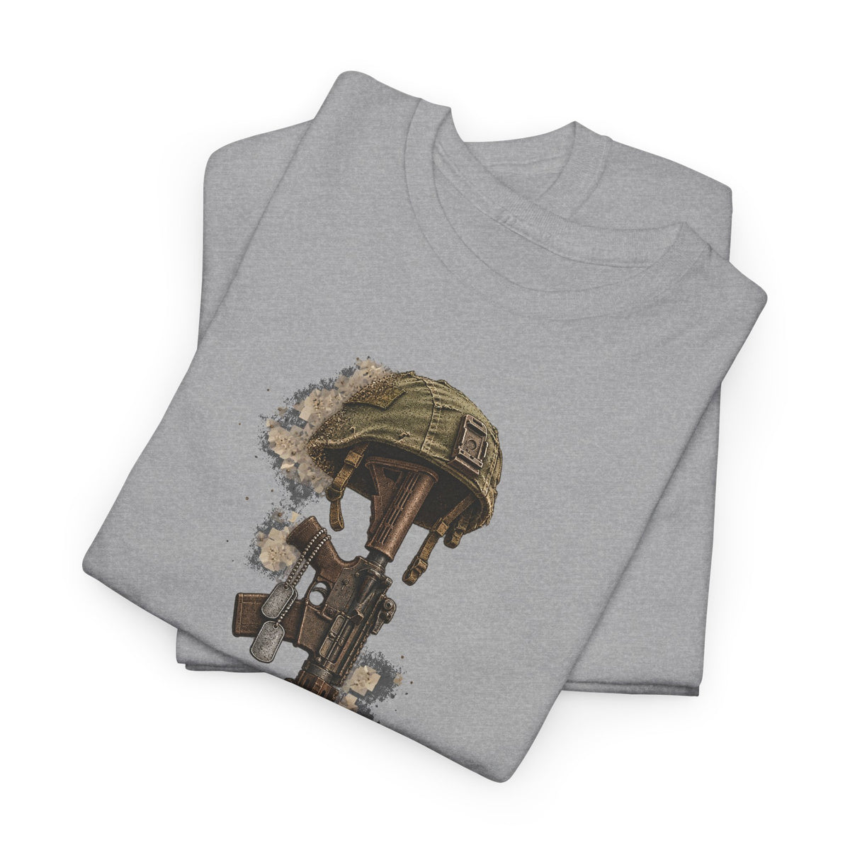 Heather grey memorial tribute t-shirt with printed fallen soldier helmet and boots graphic