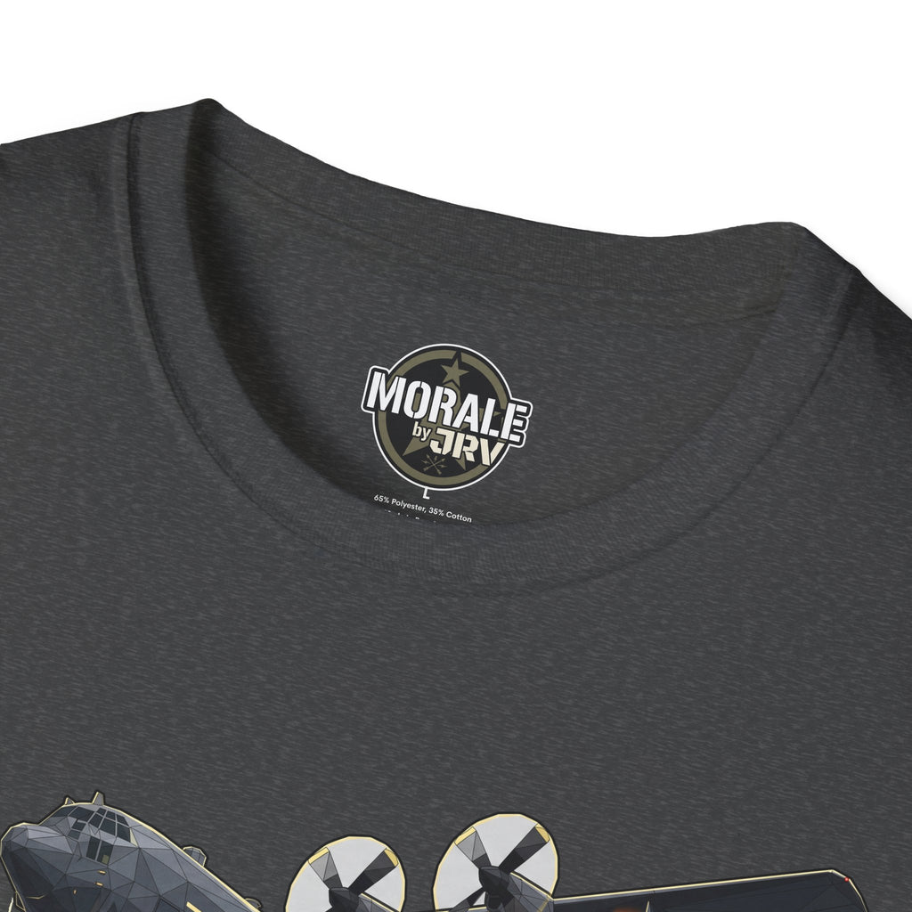 Military plane T-shirt back collar logo close-up on dark heather
