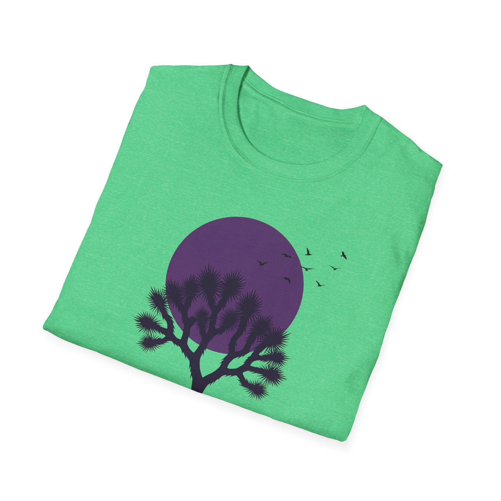 Green T-shirt with purple moon over Joshua tree and birds graphic