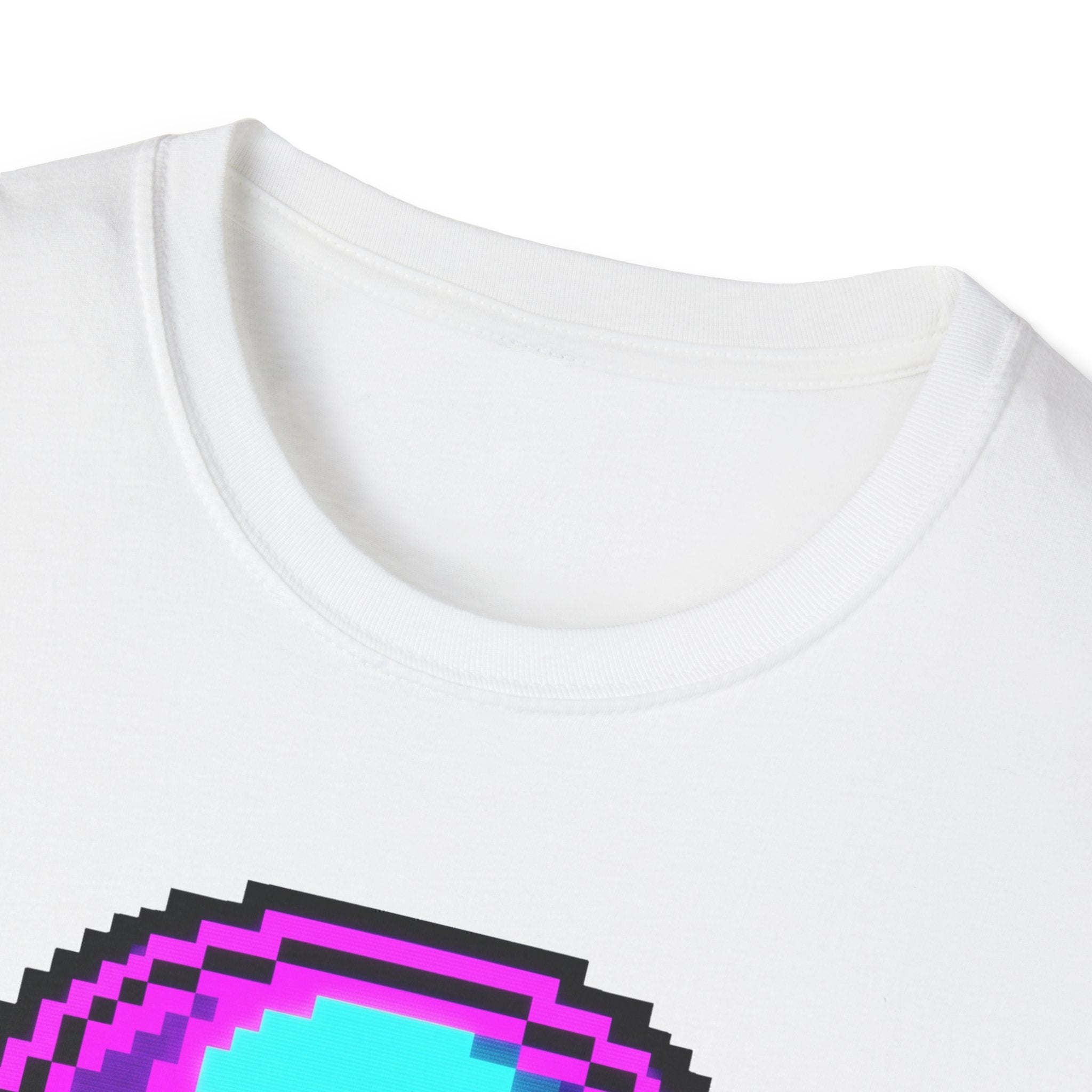 White T-shirt, pixel skull graphic partial near hem; crew neckline close-up