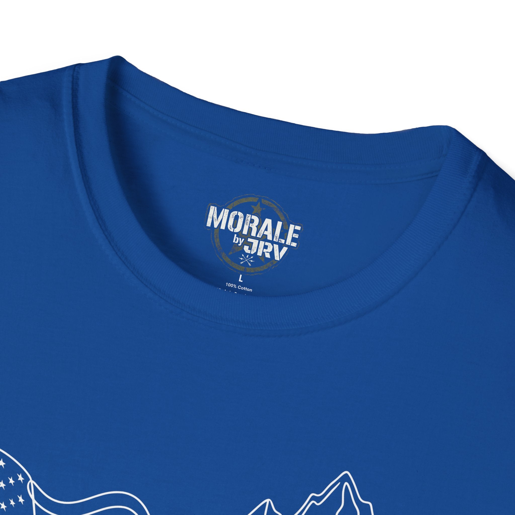 Royal blue T-shirt neckline with small chest logo print