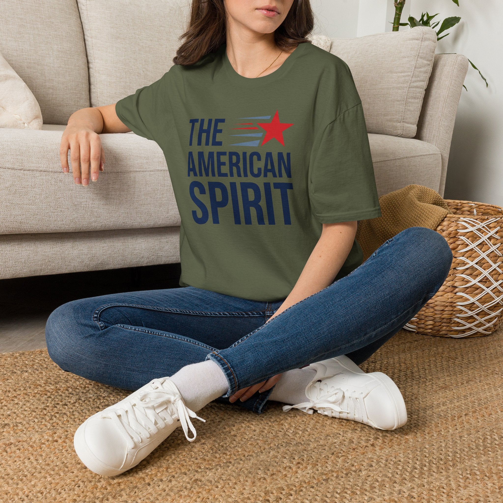 Military green crewneck T-shirt with 'THE AMERICAN SPIRIT' star graphic