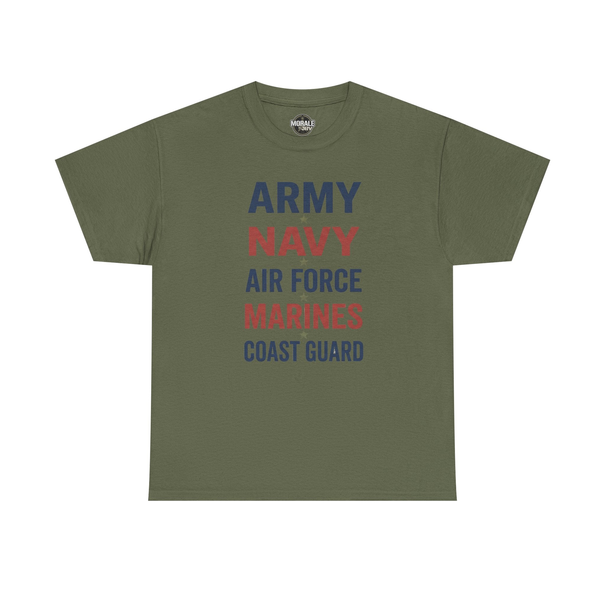 Military green T-shirt with multicolor “ARMY NAVY AIR FORCE MARINES COAST GUARD” front graphic