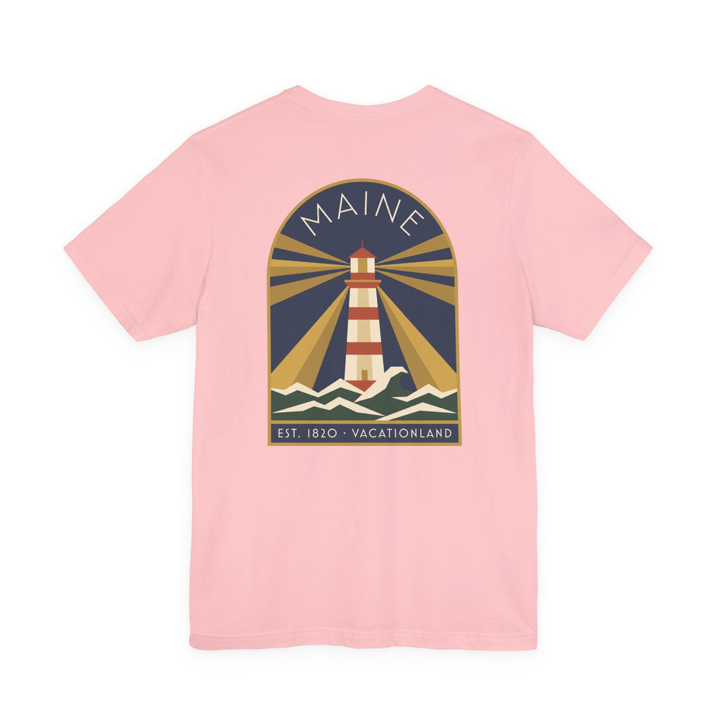 Light pink t-shirt with large circular lighthouse graphic on the front