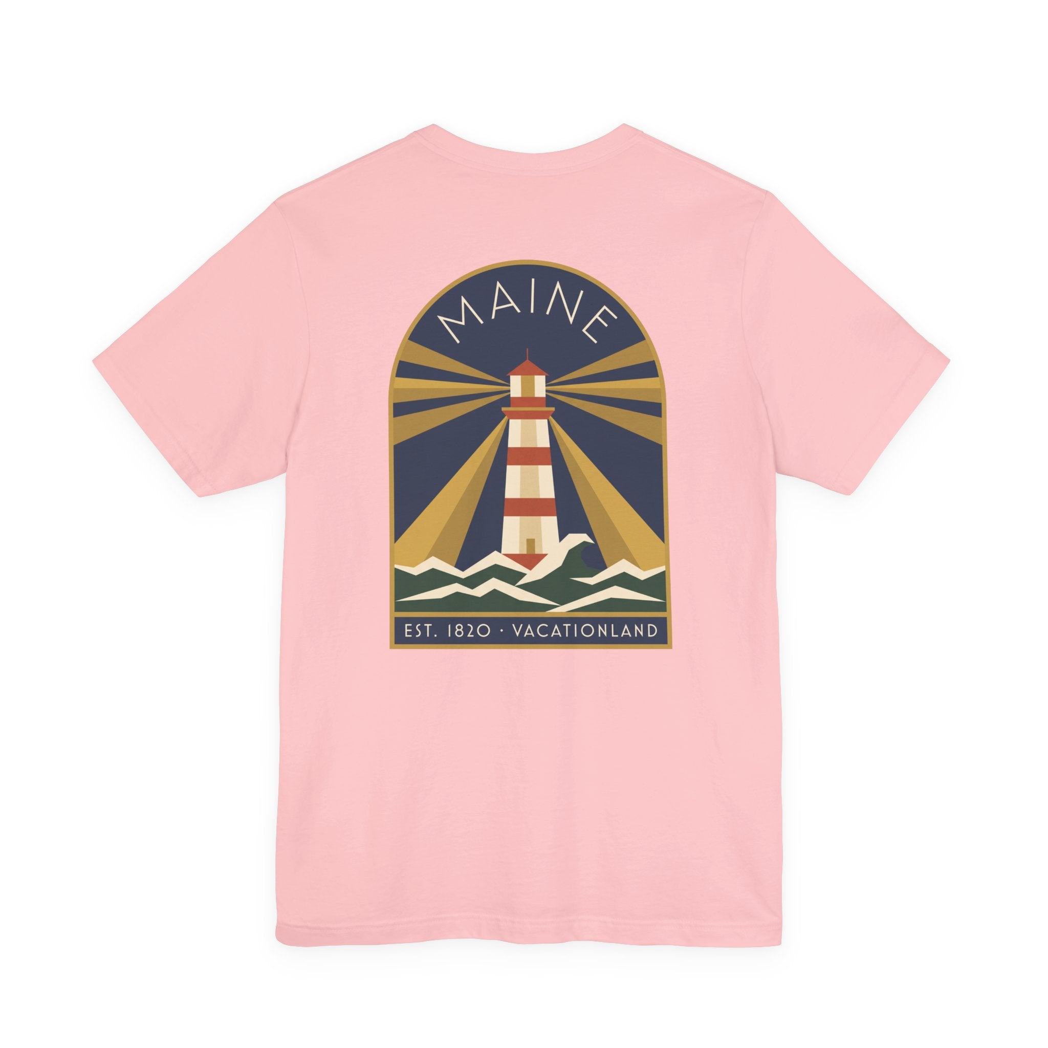 Light pink t-shirt with large circular lighthouse graphic on the front