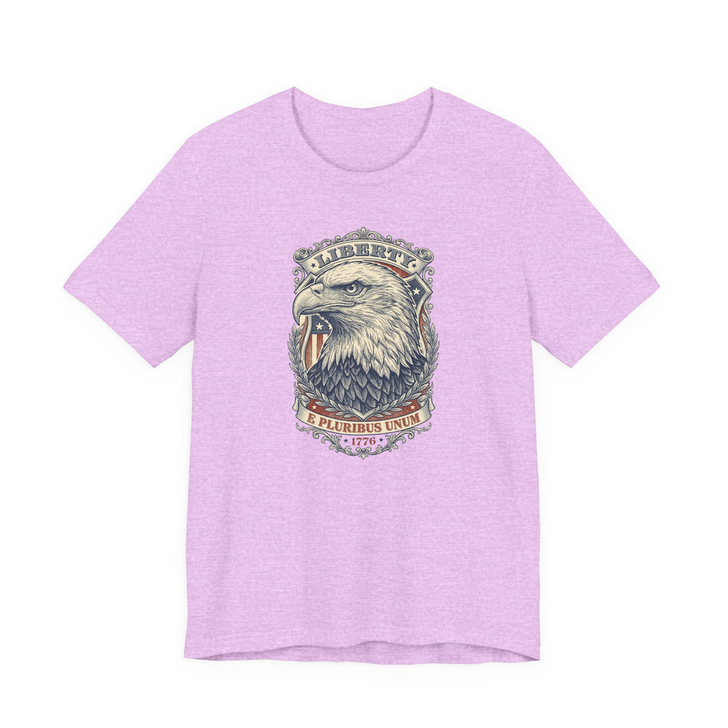Eagle graphic tee in lavender with Liberty badge and bald eagle head print