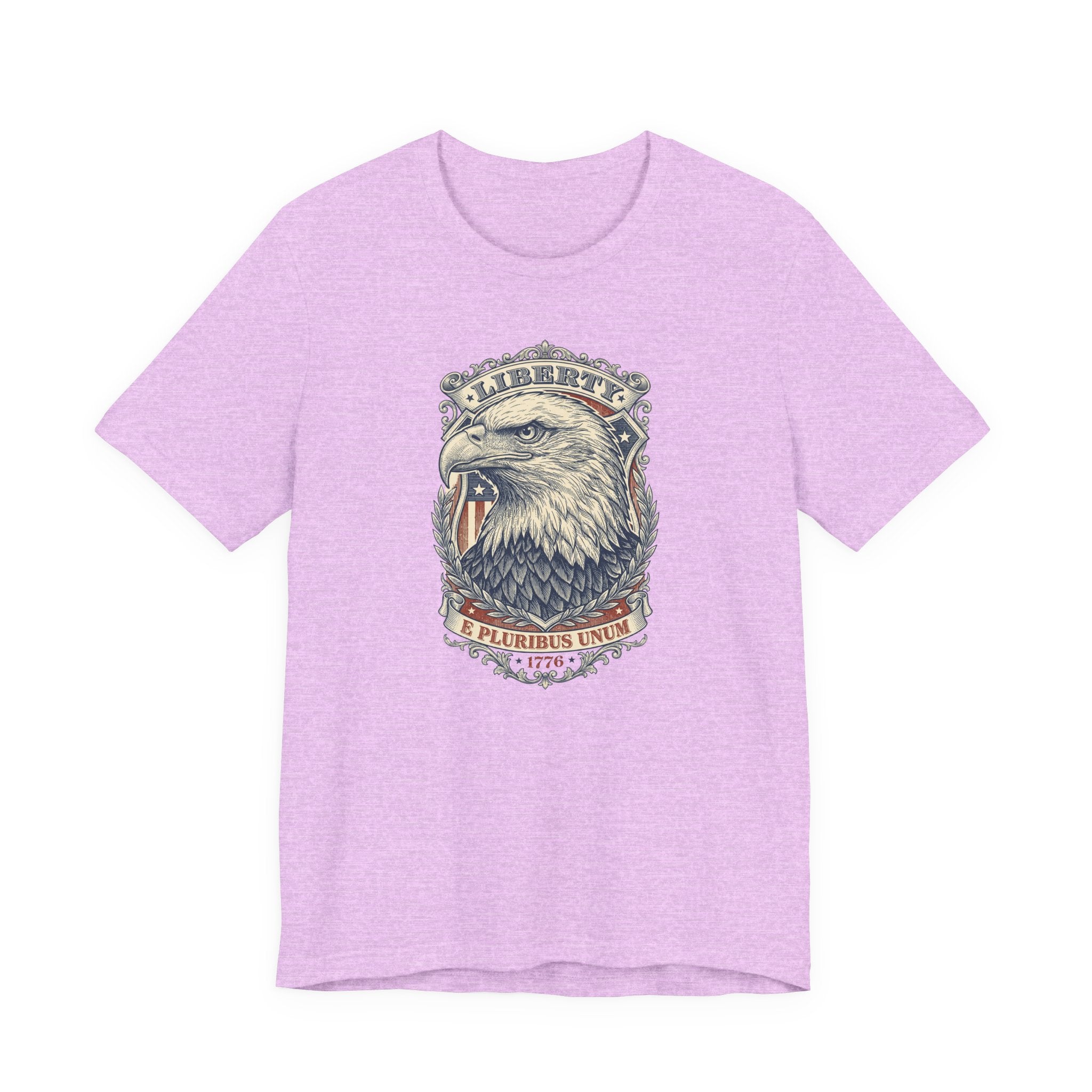Eagle graphic tee in lavender with Liberty badge and bald eagle head print