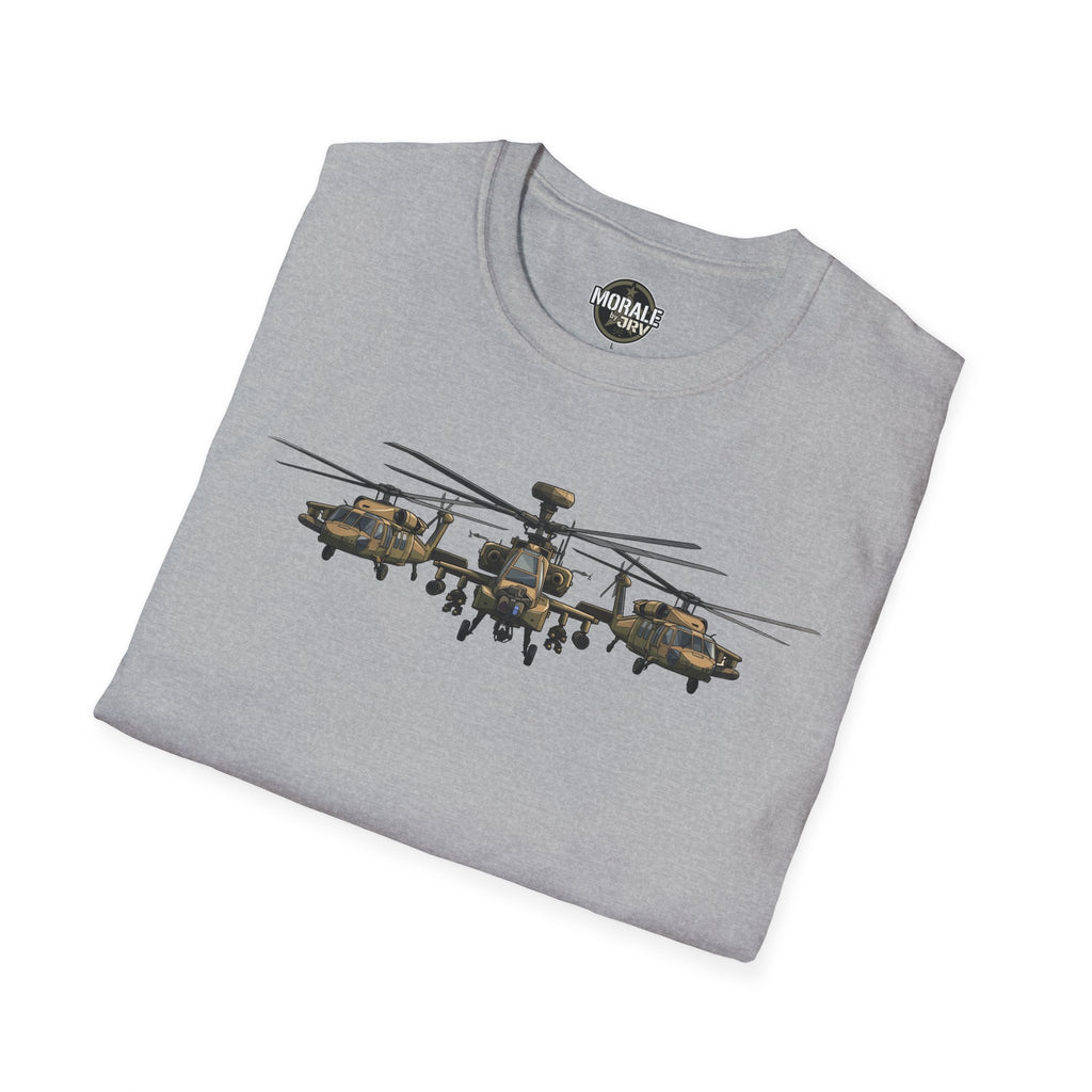 Sport grey T-shirt with Apache helicopter formation graphic across chest