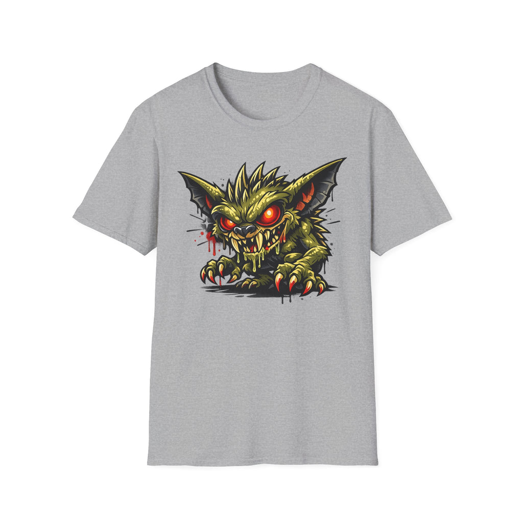 Light gray crewneck t-shirt with centered green gremlin graphic and red glowing eyes.