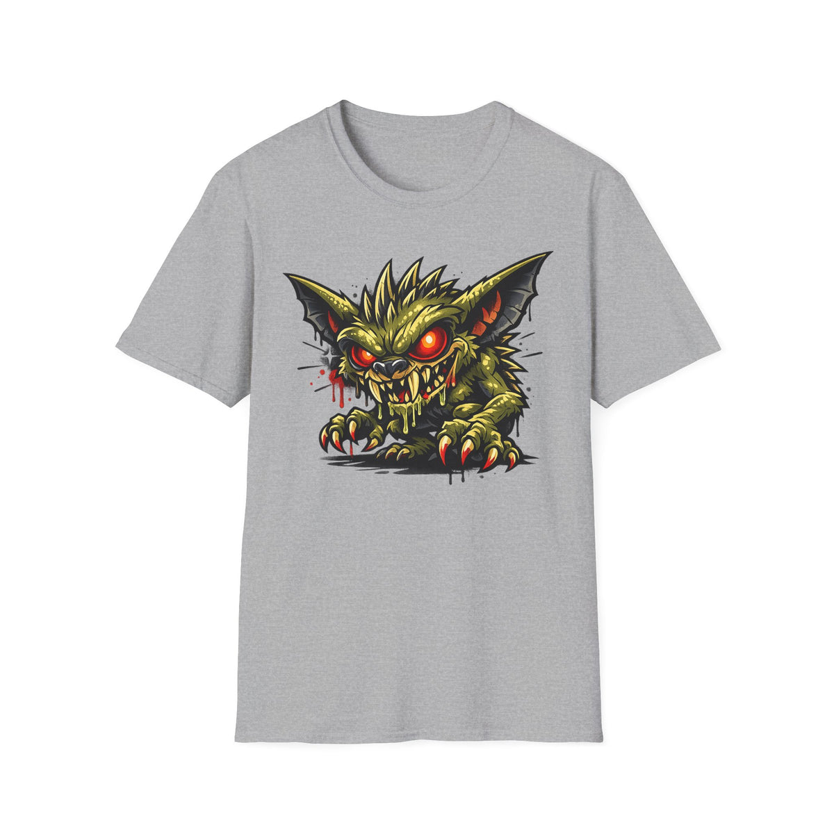 Light gray crewneck t-shirt with centered green gremlin graphic and red glowing eyes.