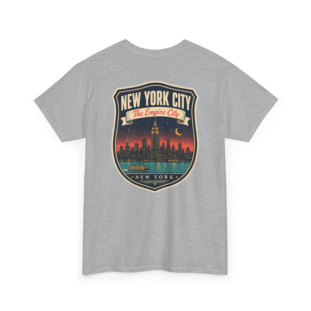 Heather gray T-shirt with New York City skyline badge graphic