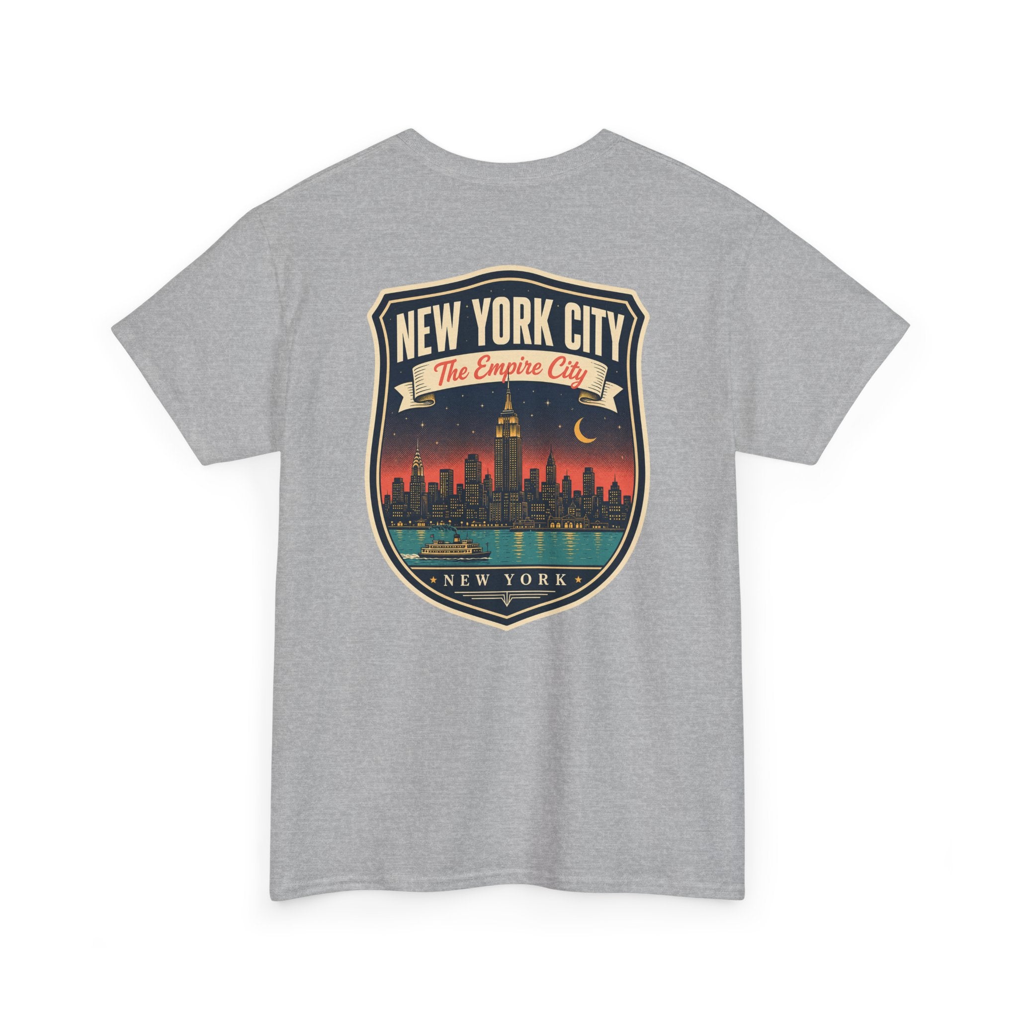Heather gray T-shirt with New York City skyline badge graphic